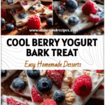 Tray of Frozen Yogurt Bark With Berries and granola pieces topped with raspberries and blueberries.